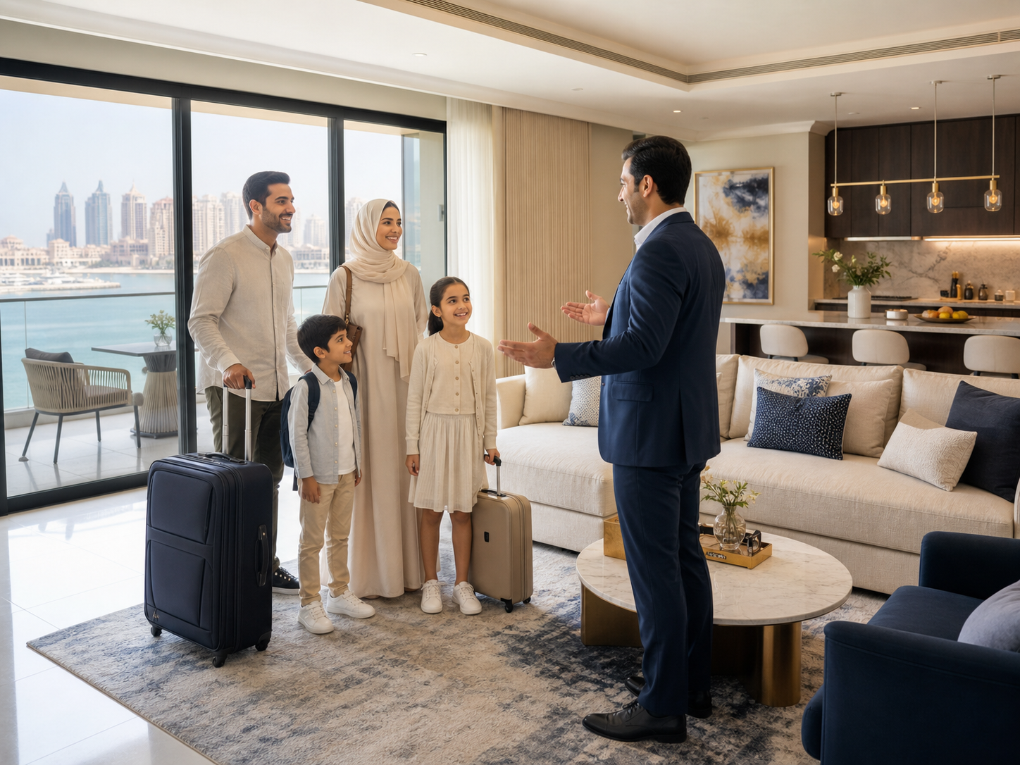 Family welcomed into a serviced holiday home in Qatar