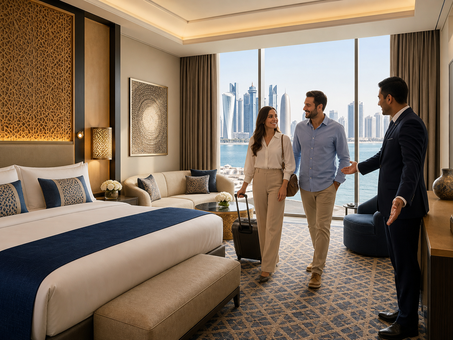 Guests welcomed into a luxury hotel suite in Doha